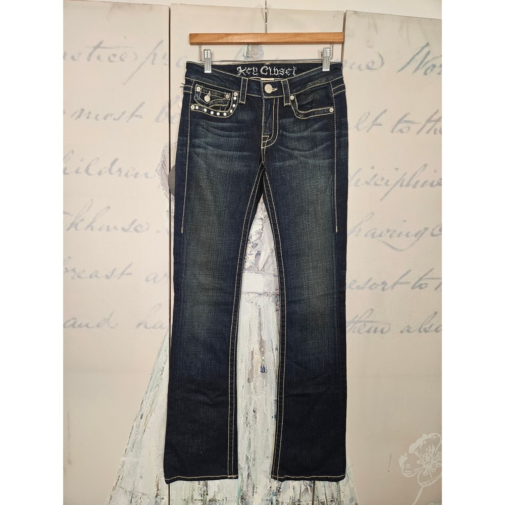 Key Closet Dark Wash Embellished Bootcut Jeans 26 Embroidered Studded Made USA